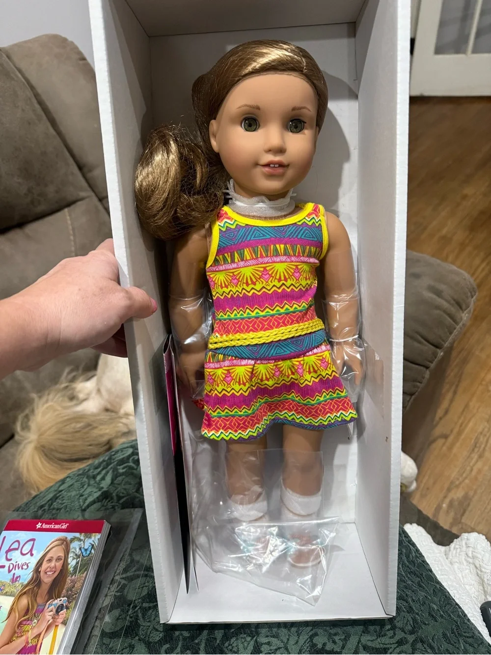 American Girl Lea Clark Doll in Bright Yellow Pink Blue Patterned Dress